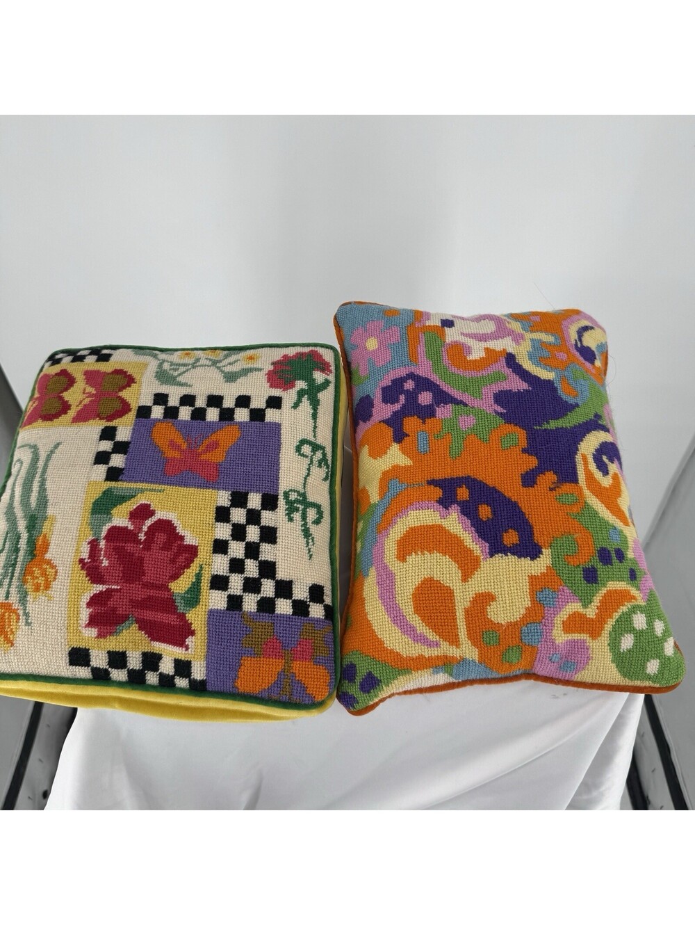 Vintage 2 pillows throw needlepoint hand stitched floral butterfly 70s hippie
